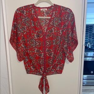 Max Studio Floral Red Kimono Type Tie Front Short Sleeve Blouse | S